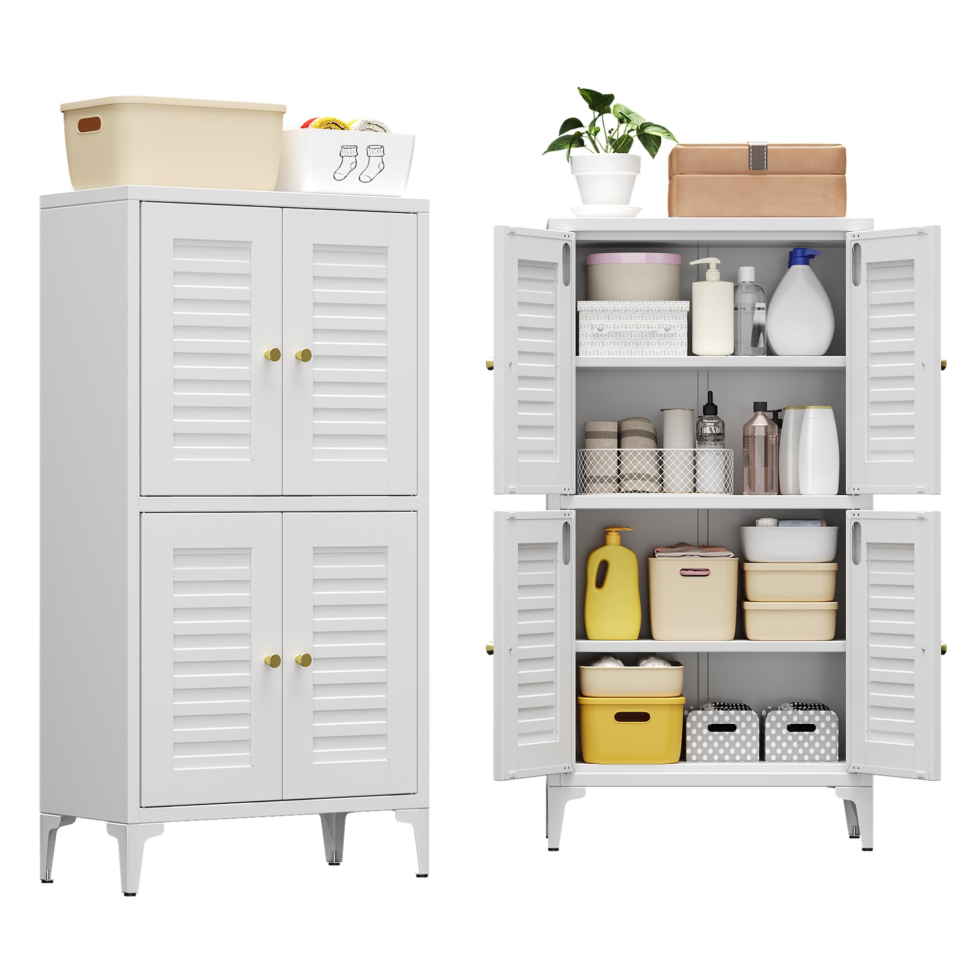 46inch H Metal Small Bathroom Storage Cabinet With 4 Doors And Adjustable Shelves, Pantry Cabinet For Home, Kitchen, Assembly Required, White