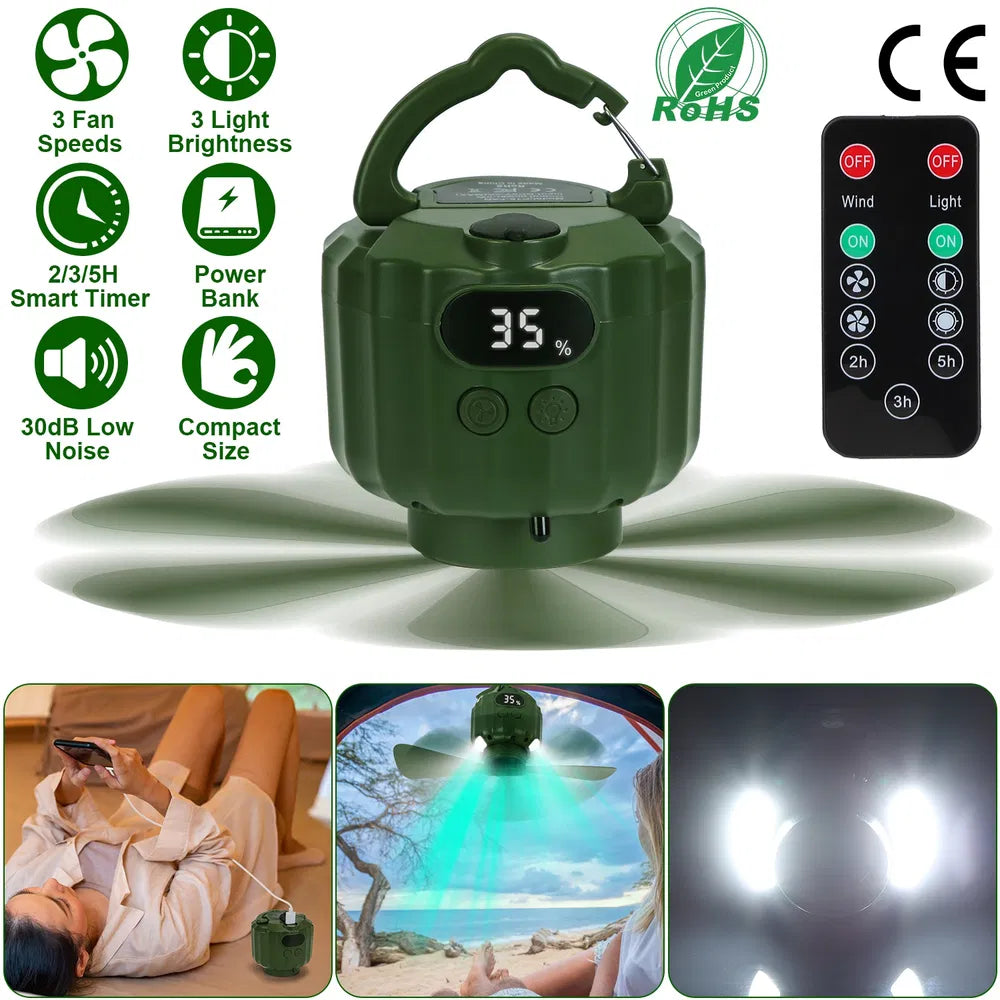 Portable Camping Ceiling LED Fan 10400mAh USB Battery Powered Hanging Tent Lantern Fan Power Bank With 3 Fan Speed 3 Light Brightness Smart Timer Display Remote Control