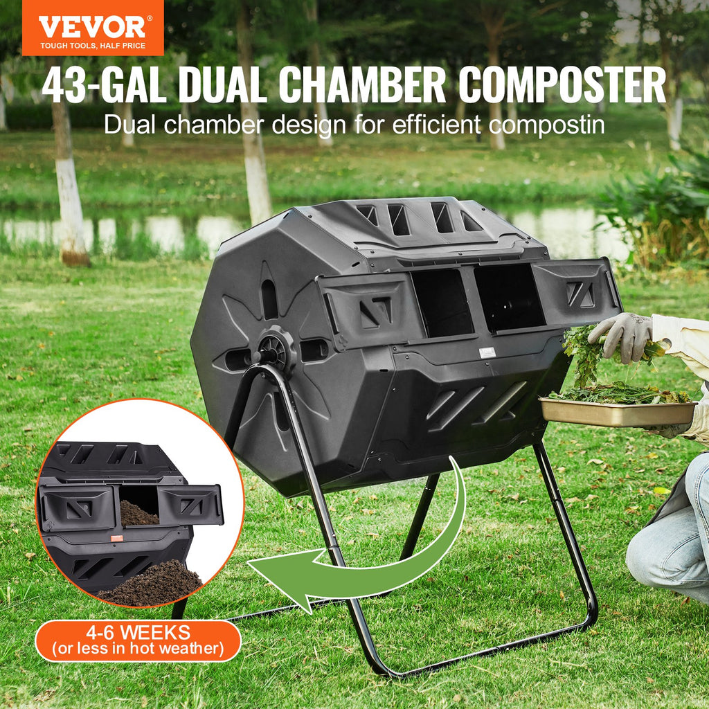 Compost Bin, 43-Gal Dual Chamber Composting Tumbler, Large Tumbling Rotating Composter With 2 Sliding Doors And Steel Frame, BPA Free Composter Bin Tumbler For Garden, Kitchen, Yard, Outdoor