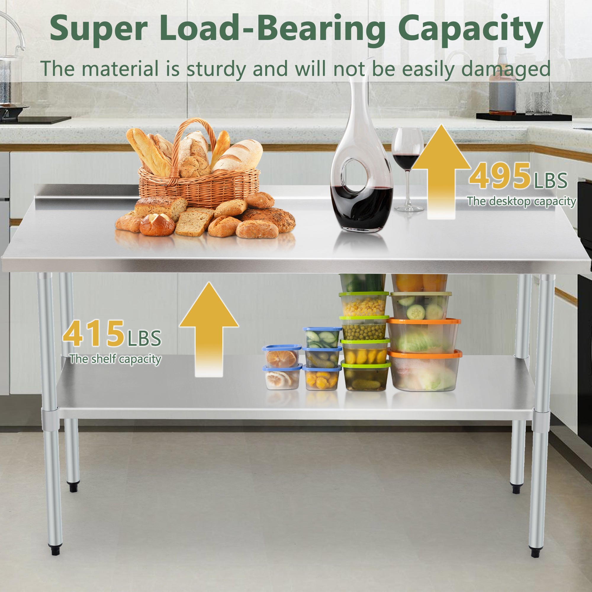 Stainless Steel Prep Table With Adjustable Undershelf And Galvanized Legs, Heavy-Duty Commercial Work Table For Kitchen, Home, Restaurant, And Hotel Use