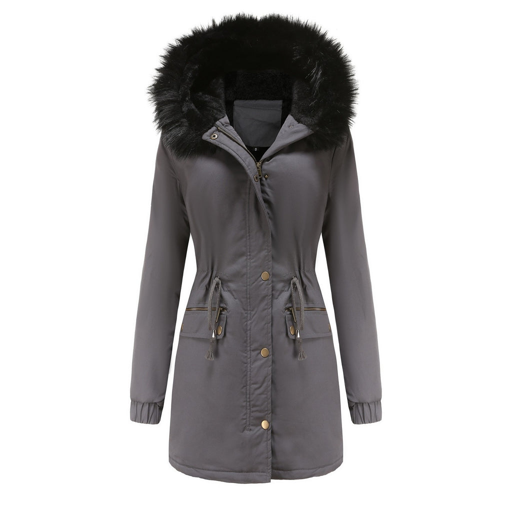 Women's Plush Hooded Parkas Winter Warm Thick  Zip-up Jackets Casual Mid-length Solid Buckle Pockets Coat Outerwear Clothing