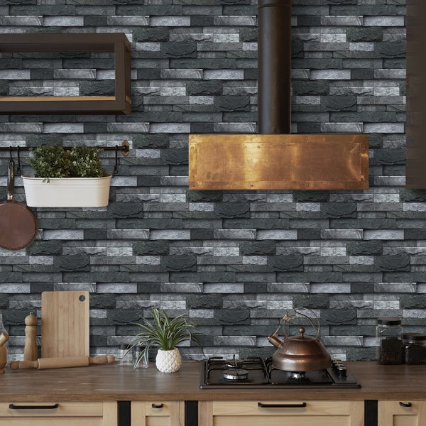 Black Gray Stone Tile Peel And Stick Wallpaper Home Decoration Waterproof Self-Adhesive Wallpaper For Bathroom Kitchen Living Room Splash-proof Removable No Glue Required Easy To Install