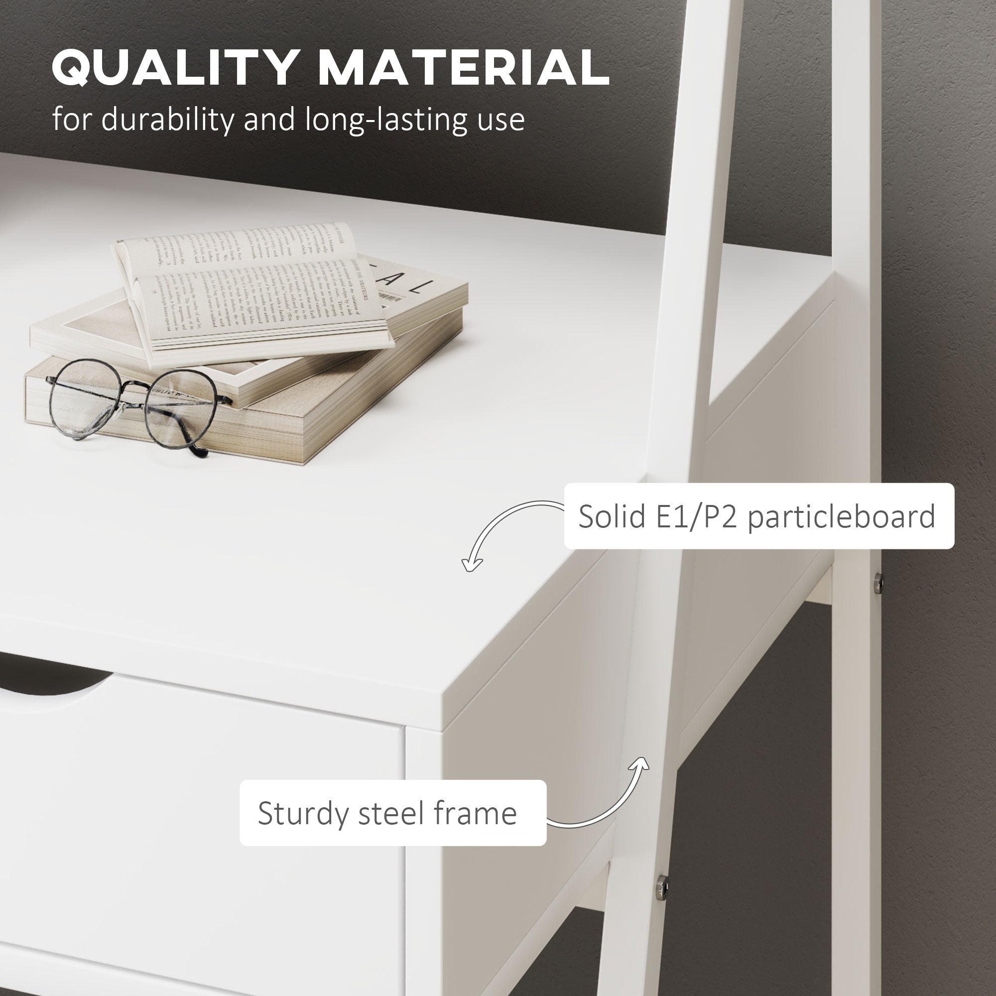 Home Office Desk, Computer Desk For Small Spaces, Study Table With Drawer And Storage Shelves, White