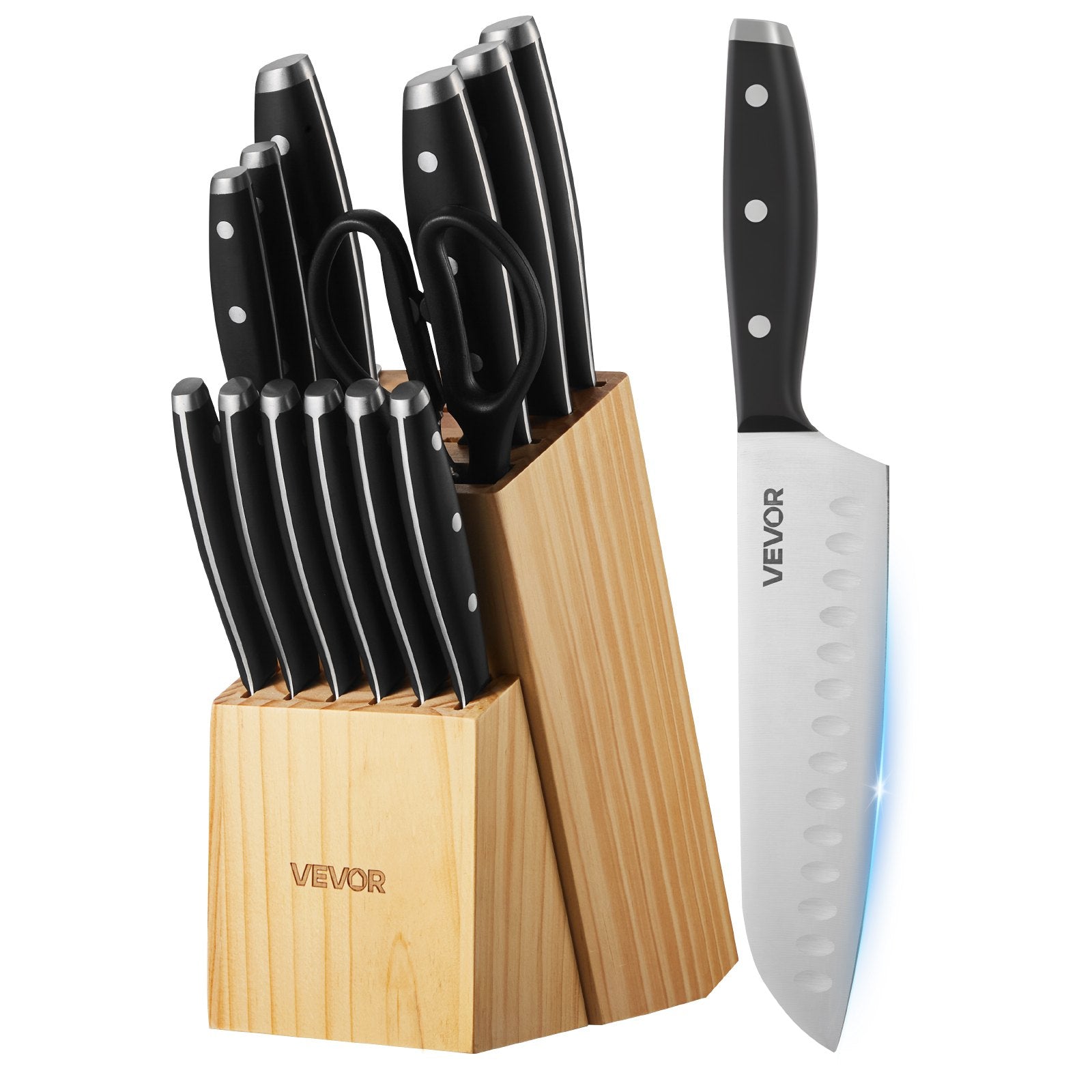 Kitchen Knife Set With Block And Sharpener, 15 Piece High Carbon Stainless Steel Sharp Knife Set, Kitchen Cutlery With Ergonomic Handle, Sharpening Rod And Premium Wooden Block, For Home Cooks