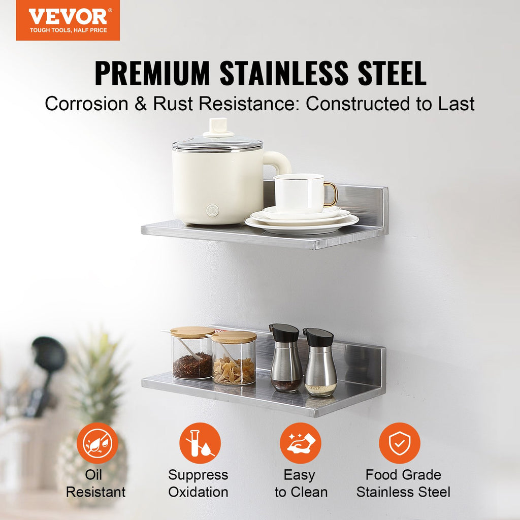 8.6" X 16" Stainless Steel Shelf, Wall Mounted Floating Shelving With Backsplash, 44 Lbs Load Capacity Commercial Shelves, Heavy Duty Storage Rack For Restaurant, Kitchen, Bar, Home, And Hotel