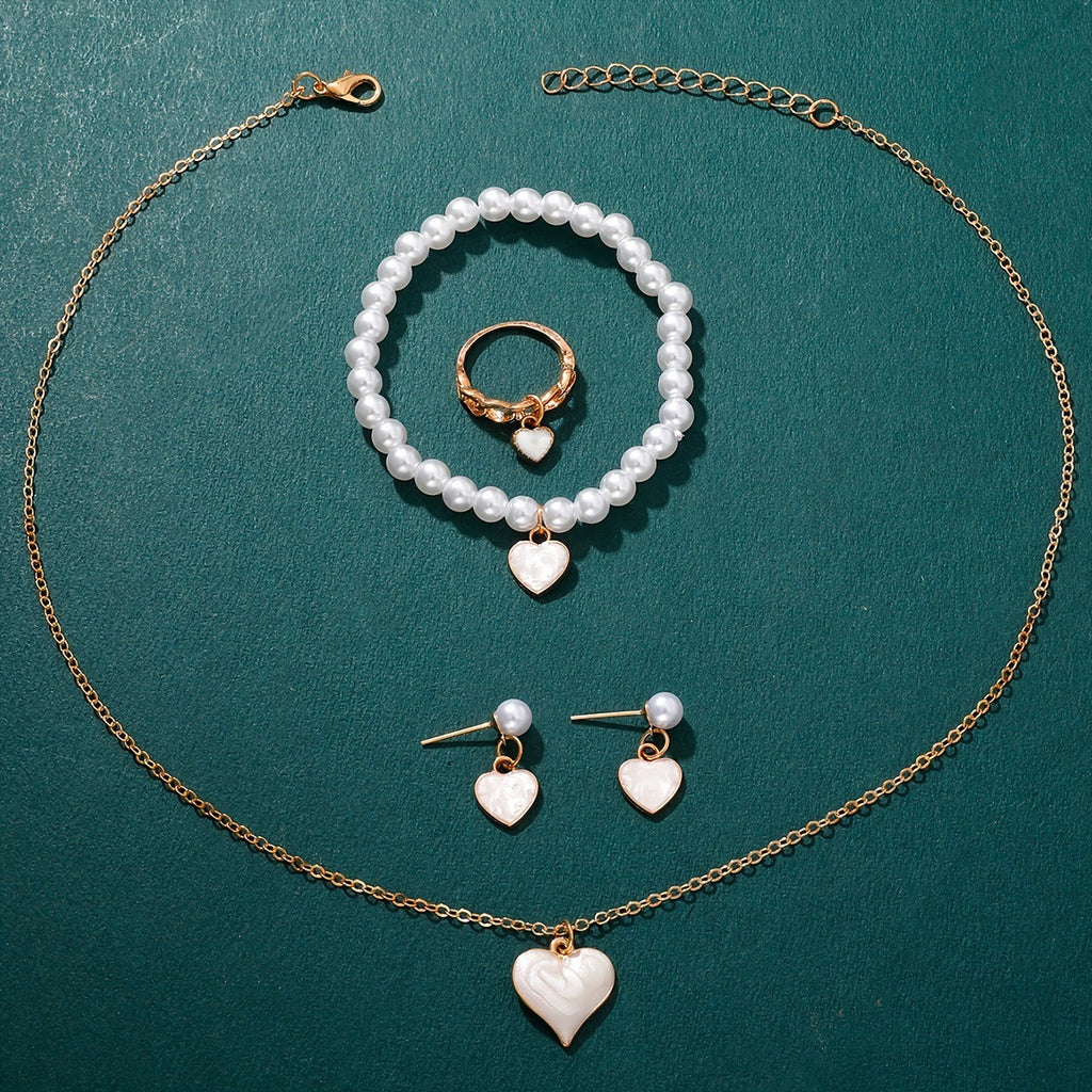 Girls Jewelry Cute All-match Oil Drop Heart Necklace Earrings Ring Bracelet Four-piece Set