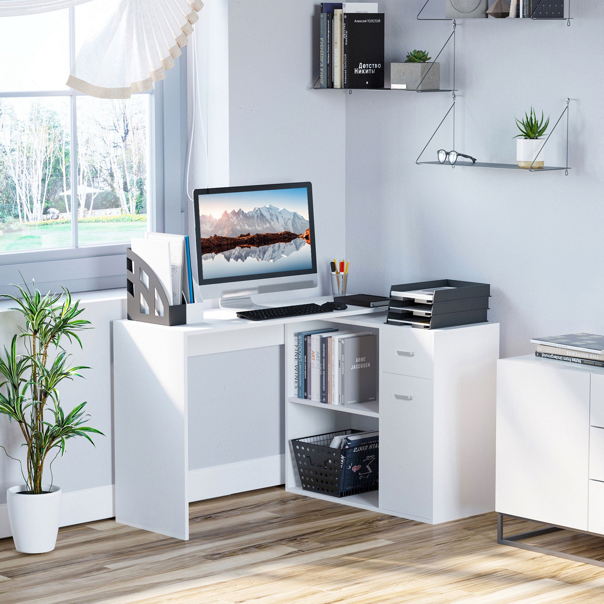 L-Shaped White Computer Desk With Rotating Shelves And Drawer Home Office Workstation