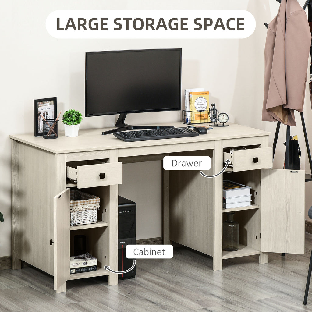 Farmhouse Computer Desk With Storage, Home Office Desk With 2 Drawers And 2 Cabinets, Cream White