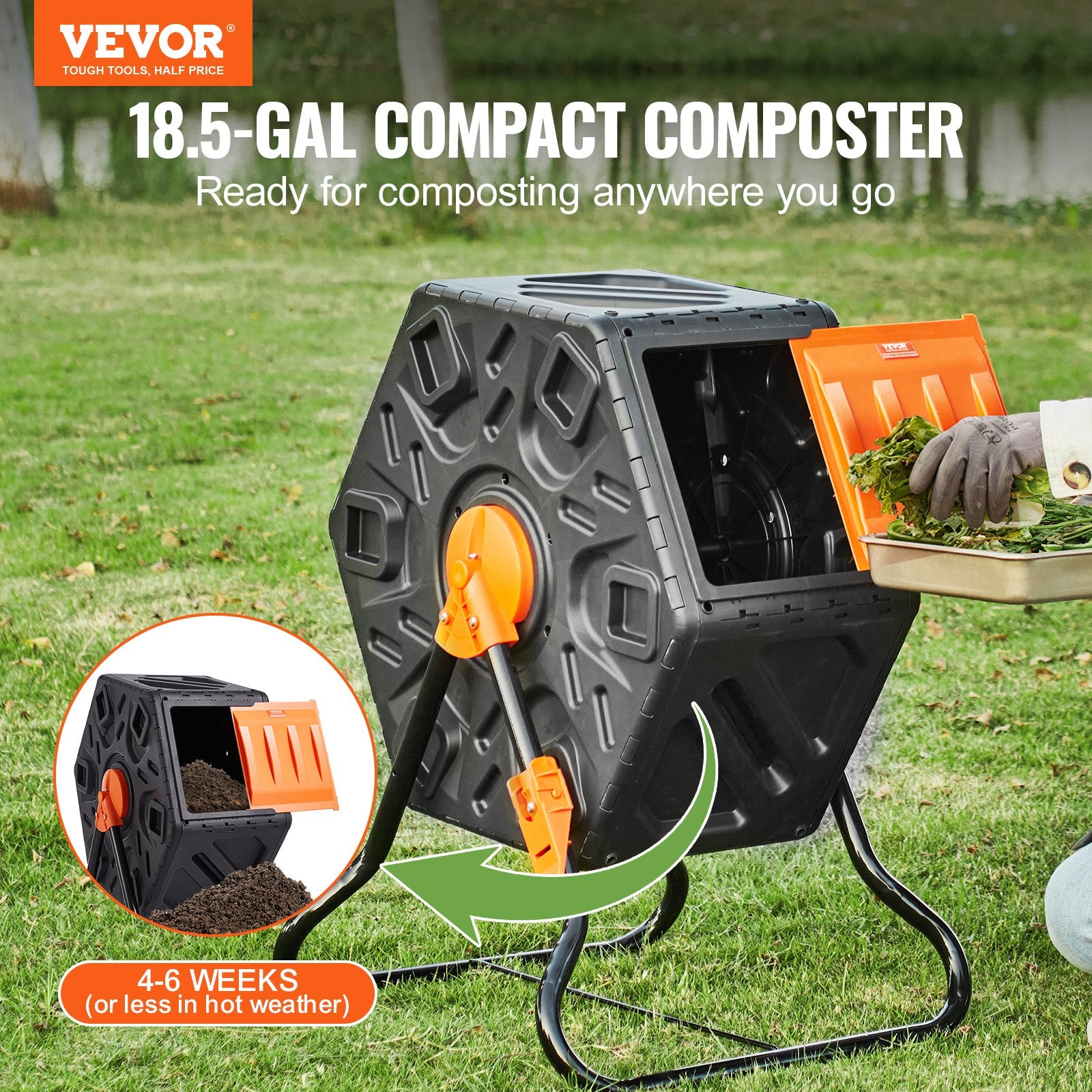 Compost Bin, 18.5-Gal Composting Tumbler, Compact Single Rotating Chamber With Sliding Door And Steel Frame, BPA Free  Small Composter Bin Tumbler For Garden, Kitchen, Yard, Outdoor