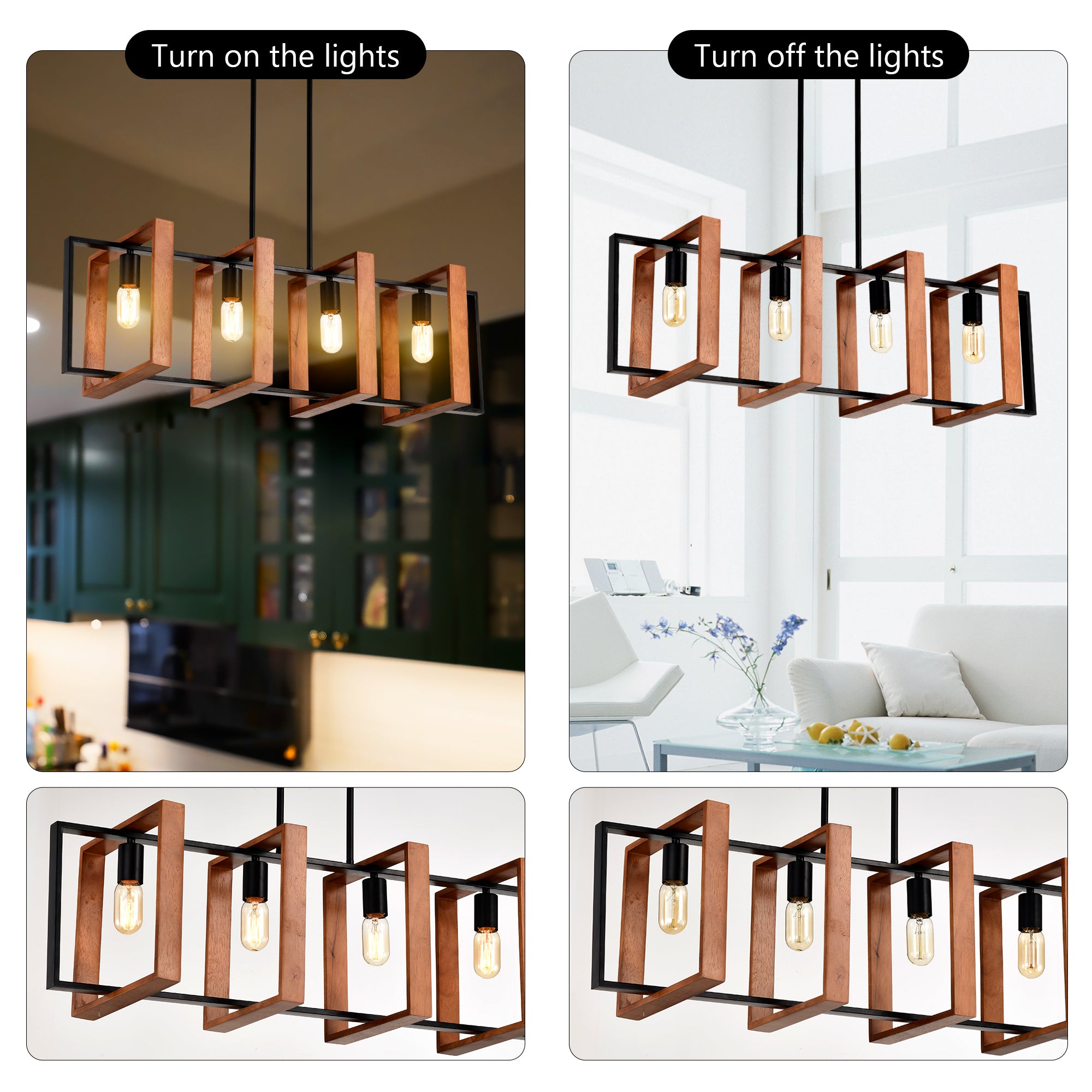4-Light Kitchen Island Lights Pendant Light Farmhouse Dining Room Light Fixture, Rustic Wood And Black Metal Rectangular Chandelier, Hanging Lighting For Living Room,Conference Room, Home Office