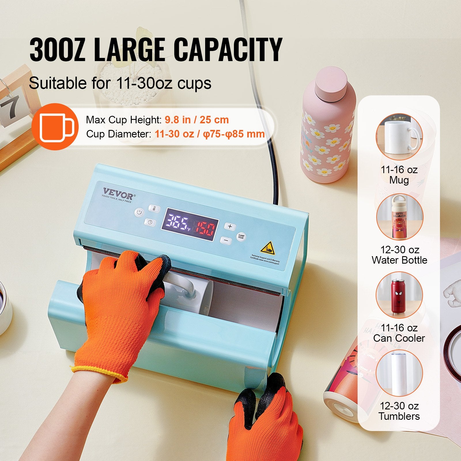 Auto Tumbler Heat Press Machine, Mug Heat Press For 11-30oz Sublimation Tumblers, Heat Up Fast And Even, Tumbler Press With Tape And Glove, Temp And Time Setting, For Tumblers, Cups, Mugs, Blue