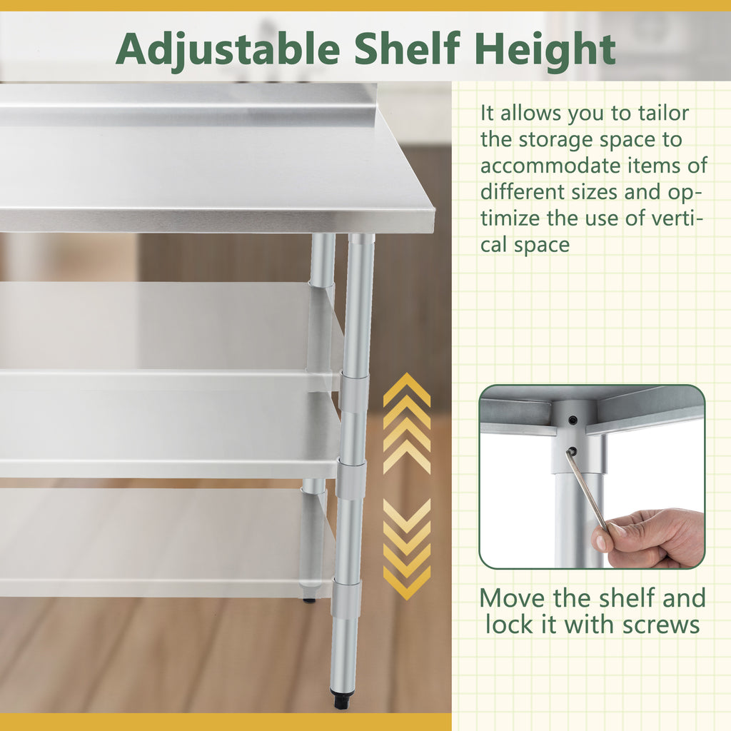 Stainless Steel Prep Table With Adjustable Undershelf And Galvanized Legs, Heavy-Duty Commercial Work Table For Kitchen, Home, Restaurant, And Hotel Use