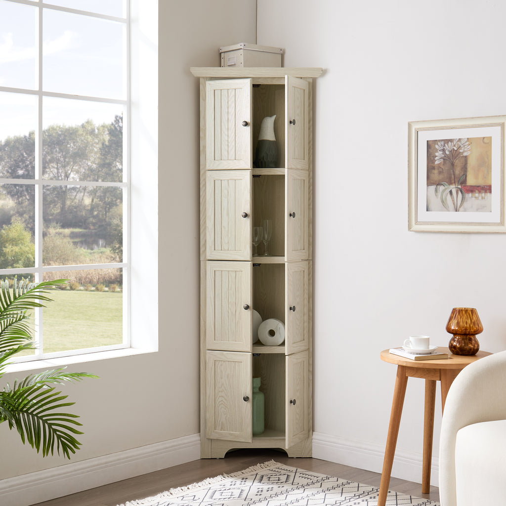 4-Tier 72 Corner Kitchen Pantry Storage Cabinet With 8 Doors Tall Storage Cabinet, Corner Cabinet And Shelves, Home Farmhouse Bookshelf Cabinet For Bathroom, Living Room, Kitchen WHI