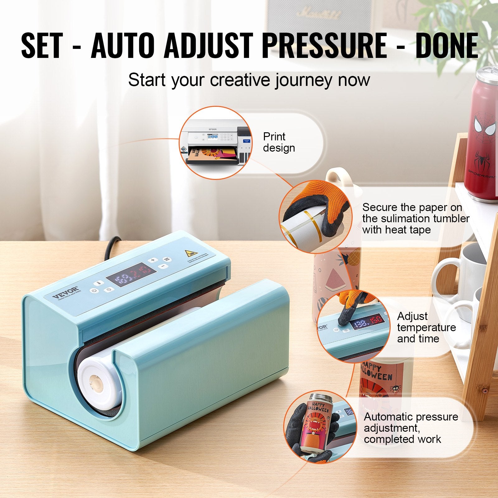 Auto Tumbler Heat Press Machine, Mug Heat Press For 11-30oz Sublimation Tumblers, Heat Up Fast And Even, Tumbler Press With Tape And Glove, Temp And Time Setting, For Tumblers, Cups, Mugs, Blue