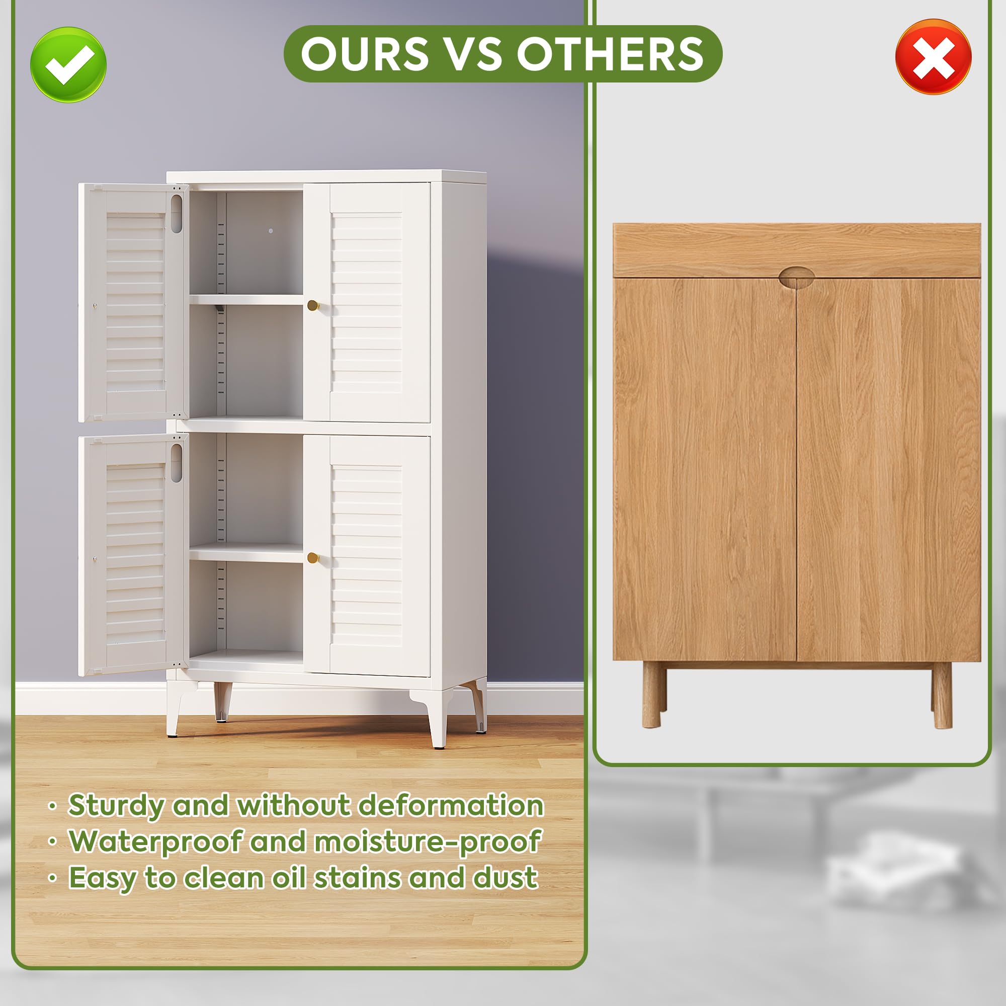 46inch H Metal Small Bathroom Storage Cabinet With 4 Doors And Adjustable Shelves, Pantry Cabinet For Home, Kitchen, Assembly Required, White