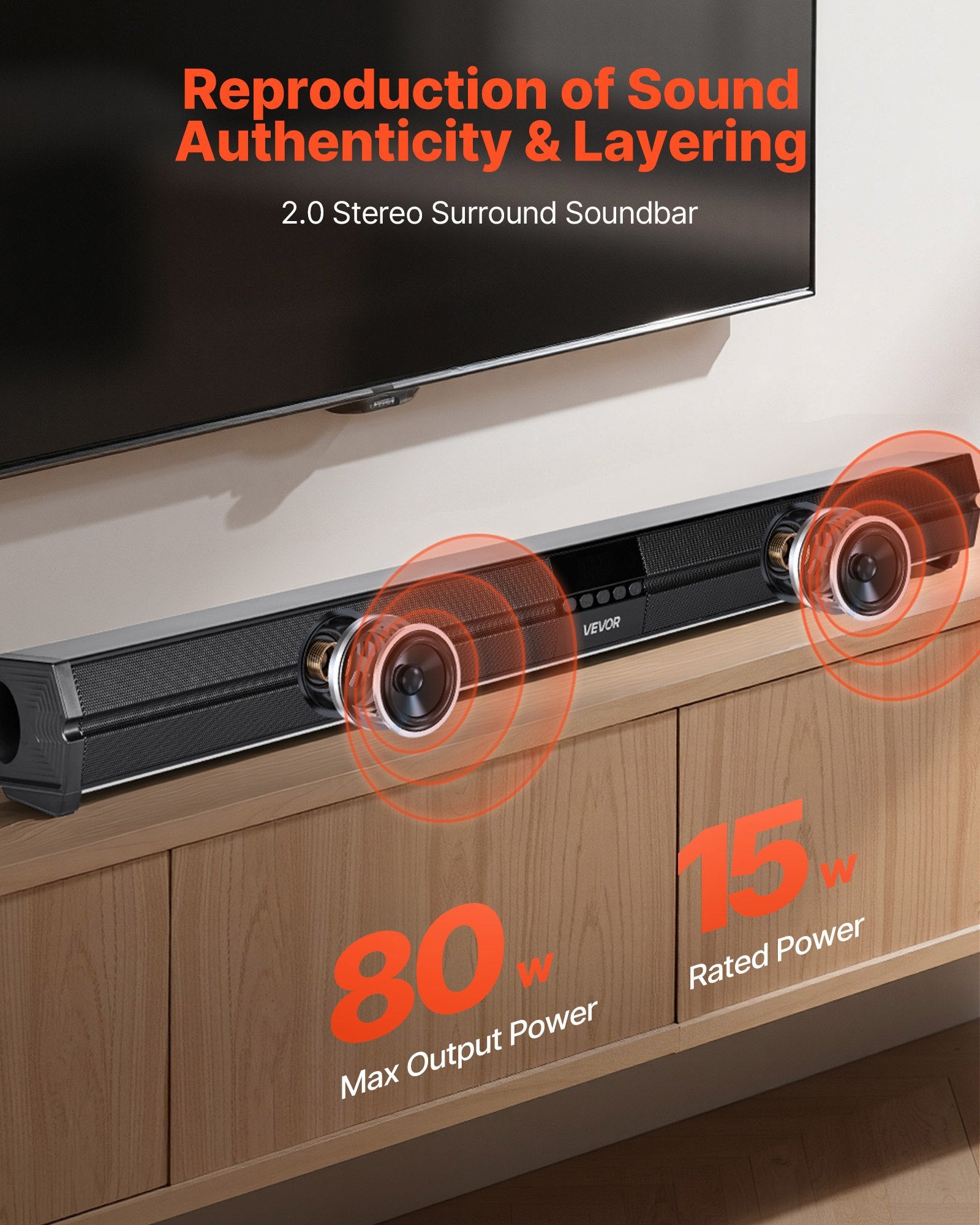 Sound Bar For Smart TV, 2.0 Channel, 32-Inch Compact Soundbar TV Speakers For Projector, Bluetooth AUX Connection, Remote Control, Easy Setup, 80W Surround Sound System For PC Home Theater Audio