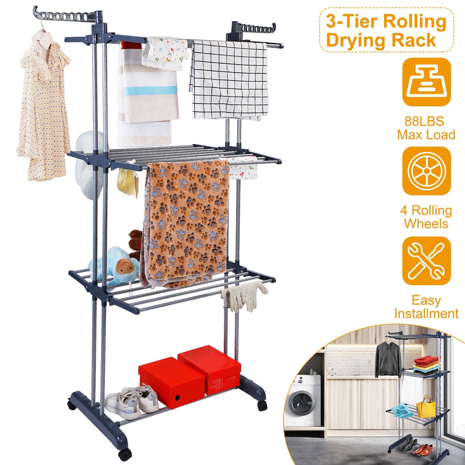 1Pc Clothes Drying Rack Rolling Collapsible Laundry Dryer Hanger Stand Rail Shelve Wardrobe Clothing Drying Racks With Dual Side Wings