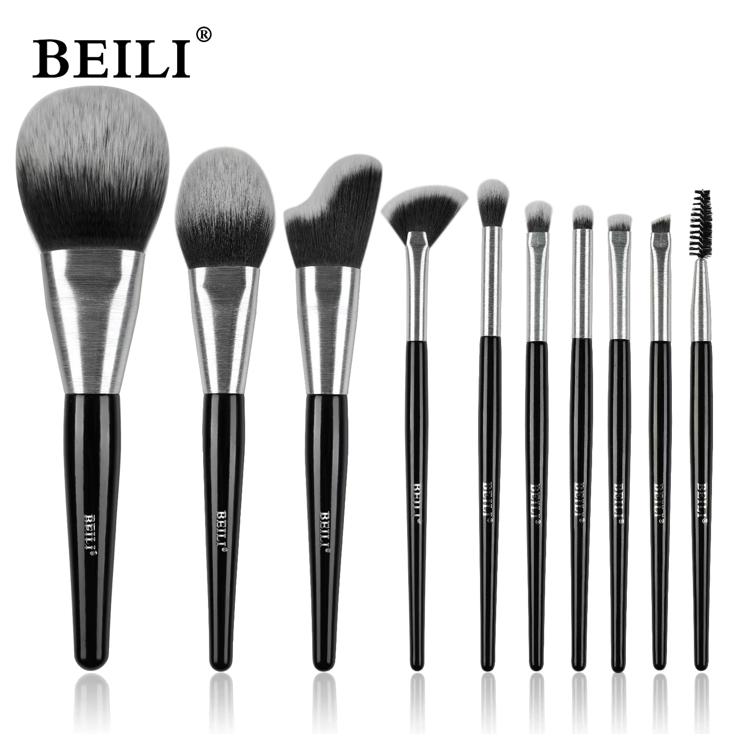 Beili Christmas Gift Makeup Brush Set Of 10, Kabuki Brushes With Synthetic Hair For Foundation, Concealer, And Eyeshadow.
