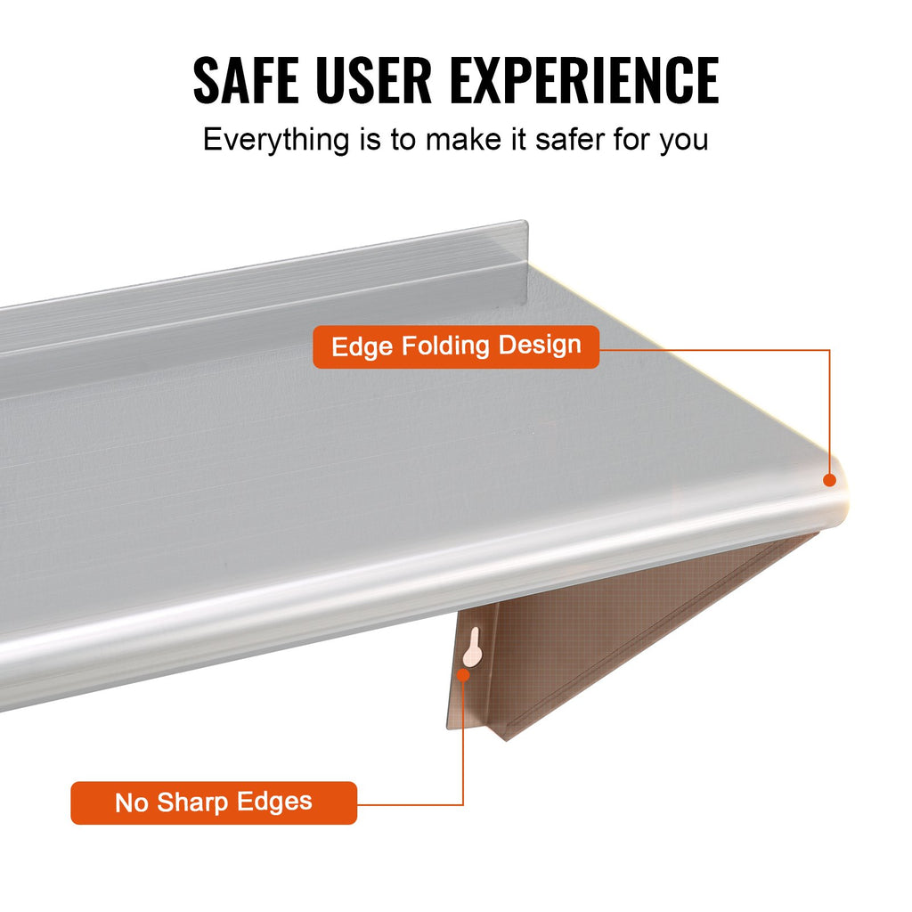 12" X 36" Stainless Steel Shelf, Wall Mounted Floating Shelving With Brackets, 250 Lbs Load Capacity Commercial Shelves, Heavy Duty Storage Rack For Restaurant, Kitchen, Bar, Home, And Hotel