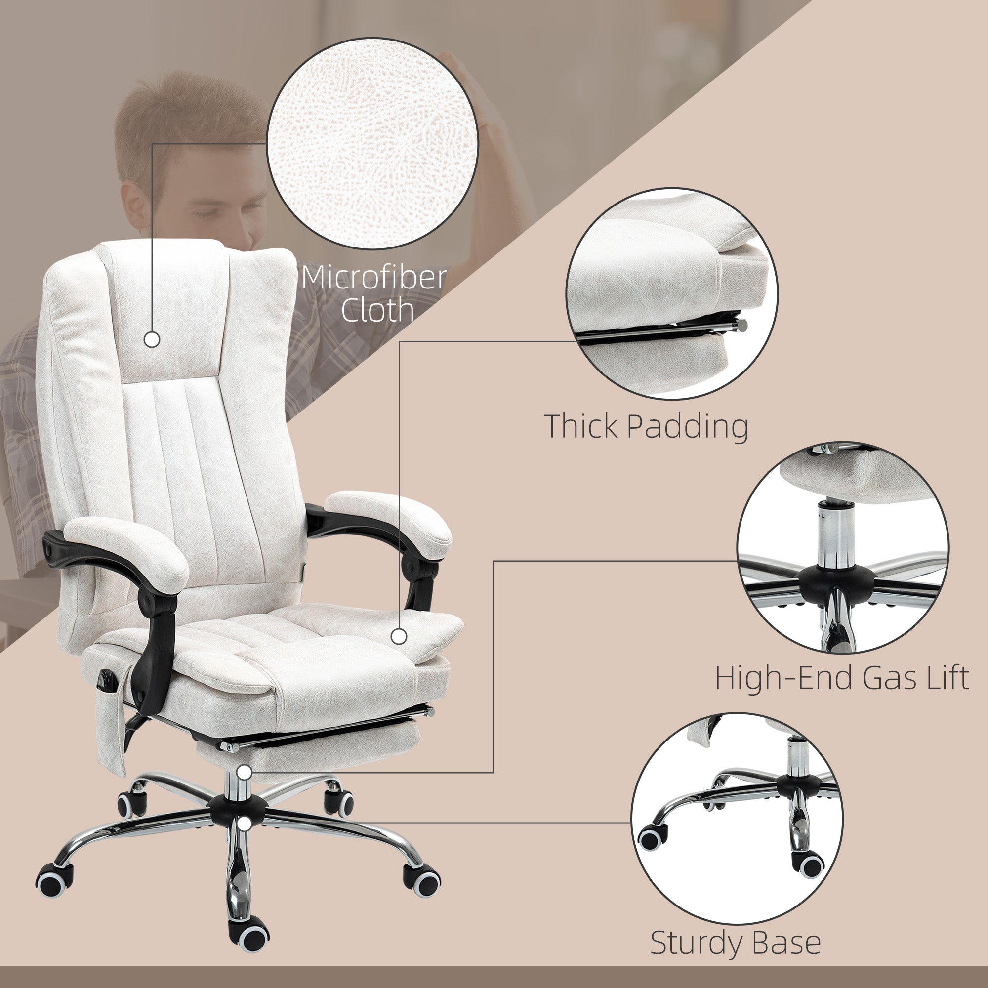 Massage Office Chair with 6 Points and Heat, Reclining Computer Chair with Adjustable Height and Footrest, White