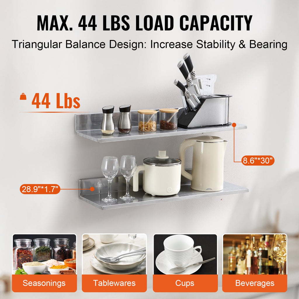 8.6" X 30" Stainless Steel Shelf, Wall Mounted Floating Shelving With Backsplash, 44 Lbs Load Capacity Commercial Shelves, Heavy Duty Storage Rack For Restaurant, Kitchen, Bar, Home, And Hotel