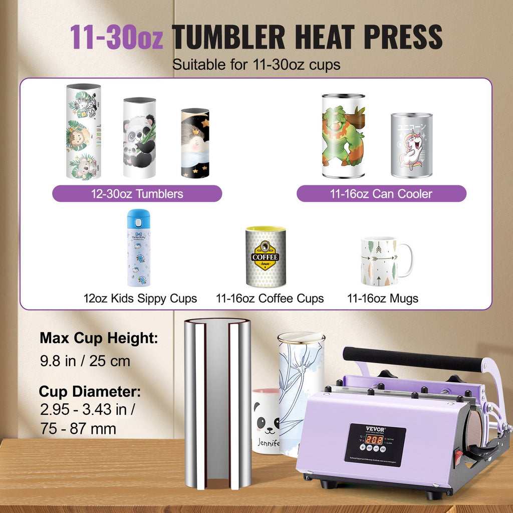 Tumbler Heat Press Machine, 11-30oz Mug Press, Heat Up Fast And Even, Tumbler Press With Sublimation Paper, Tape And Gloves, Temp And Time Setting, For Sublimation Tumblers, Cups, Mugs, Purple