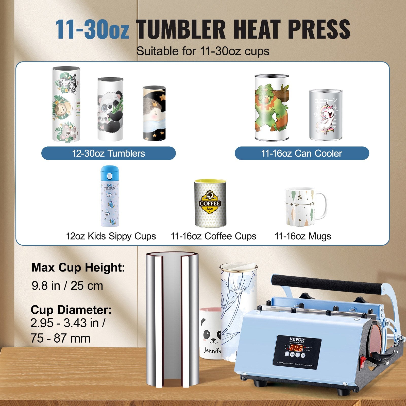 Tumbler Heat Press Machine, 11-30oz Mug Press, Heat Up Fast And Even, Tumbler Press With Sublimation Paper, Tape And Gloves, Temp And Time Setting, For Sublimation Tumblers, Cups, Mugs, Blue