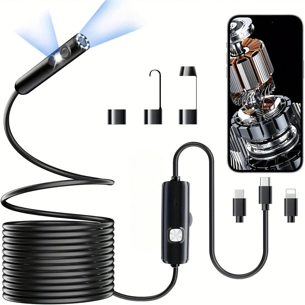 Lighted Endoscope Dual Camera, 1920P HD Endoscope Tool With 8 Adjustable LED Lights, Endoscope With Semi-Rigid Snake Camera, Waterproof 8mm Wide-Angle Inspection Camera,