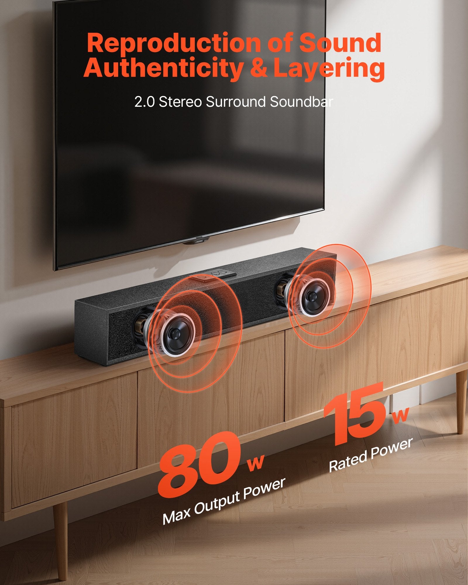 Sound Bar For Smart TV, 2.0 Channel, 24-Inch Compact Soundbar TV Speakers For Projector, Bluetooth AUX Connection, Remote Control, Easy Setup, 80W Surround Sound System For PC Home Theater Audio