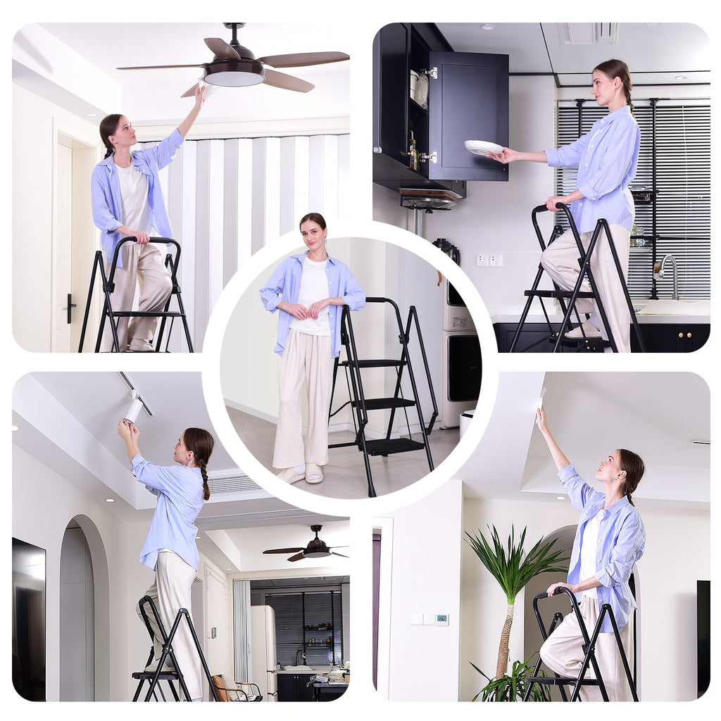 Four Step Ladder, Lightweight Folding Four Step Stool, Wide Anti Slip Pedal And Safety Handle, Sturdy Steel Ladder, Multi-purpose Step Ladder, Suitable For Home, Kitchen, And Office Elevators