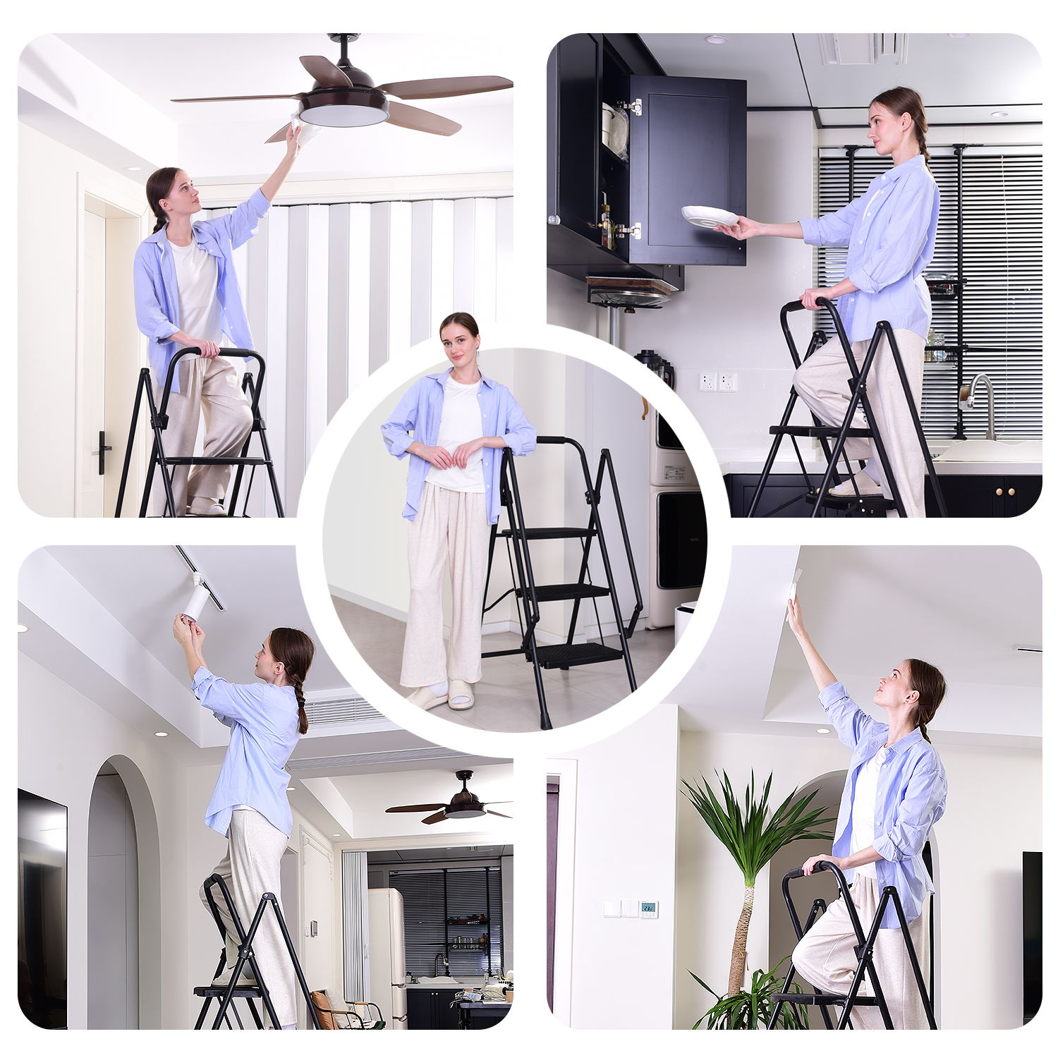 Four Step Ladder, Lightweight Folding Four Step Stool, Wide Anti Slip Pedal And Safety Handle, Sturdy Steel Ladder, Multi-purpose Step Ladder, Suitable For Home, Kitchen, And Office Elevators