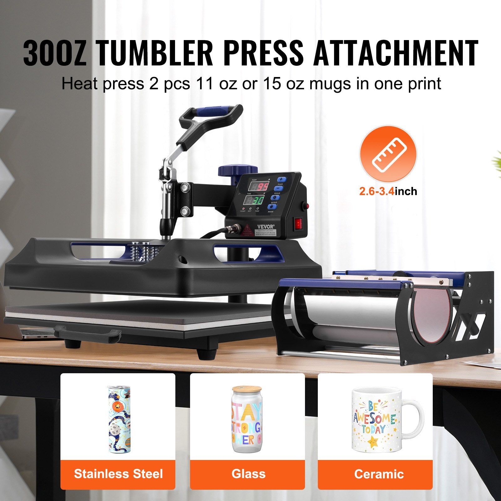 Heat Press Machine, 15 X 15 Inch, 5 In 1 Heat Transfer Machine With 30 Oz Tumbler Press, 360° Swing Away Digital T-Shirt Pressing, Teflon Coating, For T-Shirts/Mugs/Hats/Plates, Black+Blue