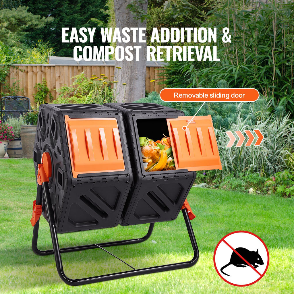 Compost Bin, 37-Gal Dual Chamber Composting Tumbler, High Volume Two Rotating Chambers With 2 Sliding Door And Steel Frame, BPA Free Composter Bin Tumbler For Garden, Kitchen, Yard, Outdoor