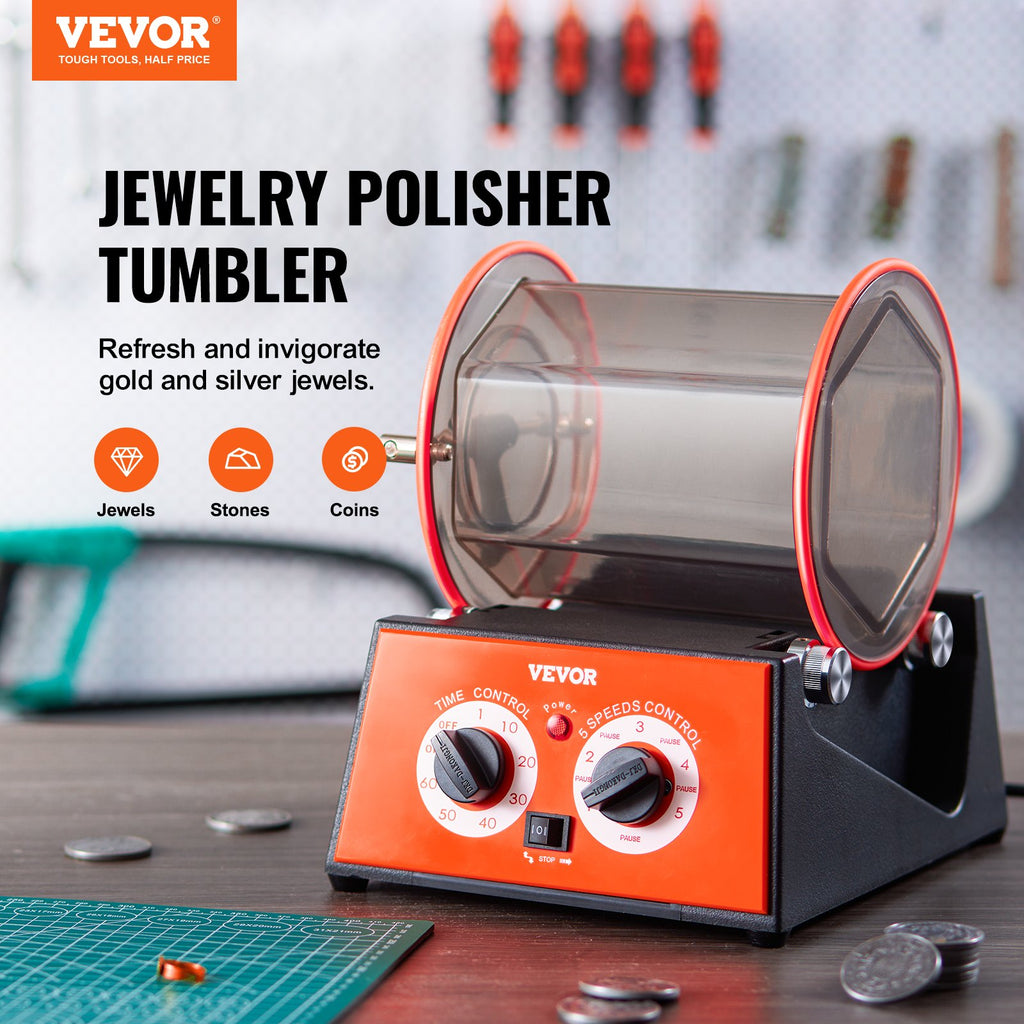 Jewelry Polisher Tumbler, 11lbs/5kg Capacity Mini Rotary Tumbler Machine With 0-60 Minutes Timer, 5 Speeds Jewelry Rotary Finisher For Surface Polishing Grinding Buffing Gemstones Jewels Coins