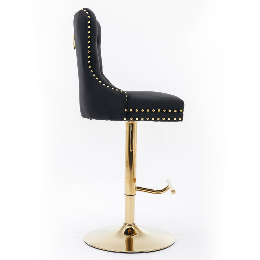 A&A Furniture,Thick Golden Swivel Velvet Barstools Adjusatble Seat Height From 27-35 Inch, Modern Upholstered Bar Stools With Backs Comfortable Tufted For Home Pub And Kitchen Island  Black,Set Of 2