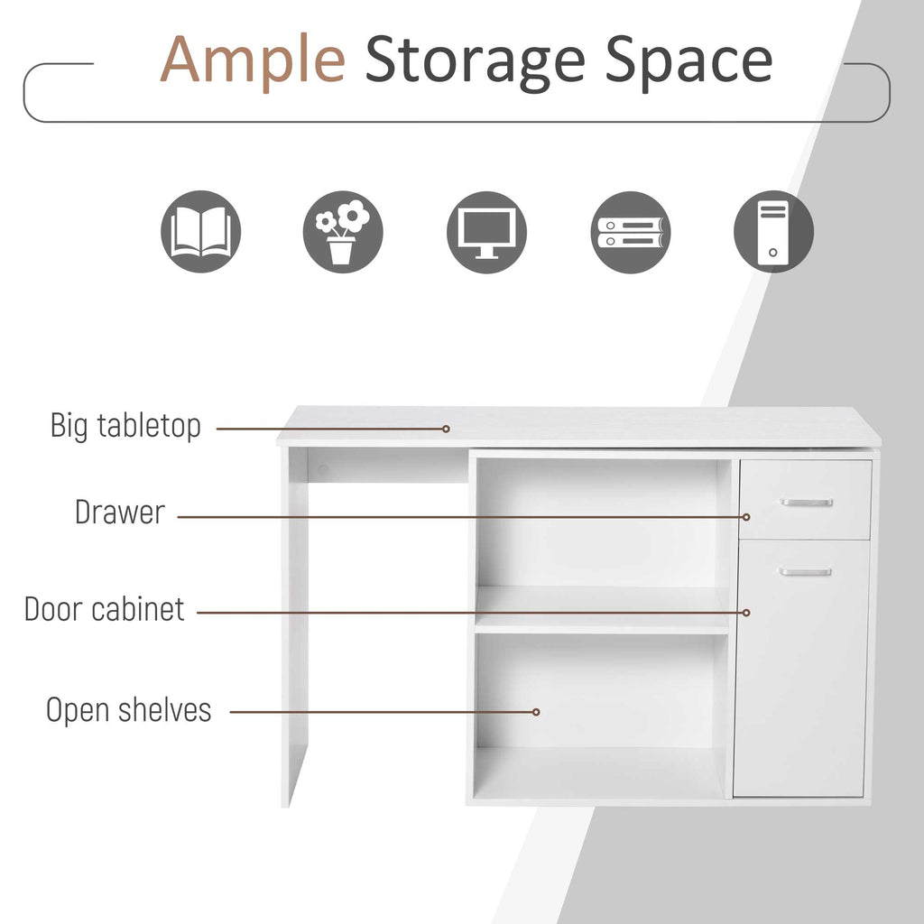L-Shaped White Computer Desk With Rotating Shelves And Drawer Home Office Workstation