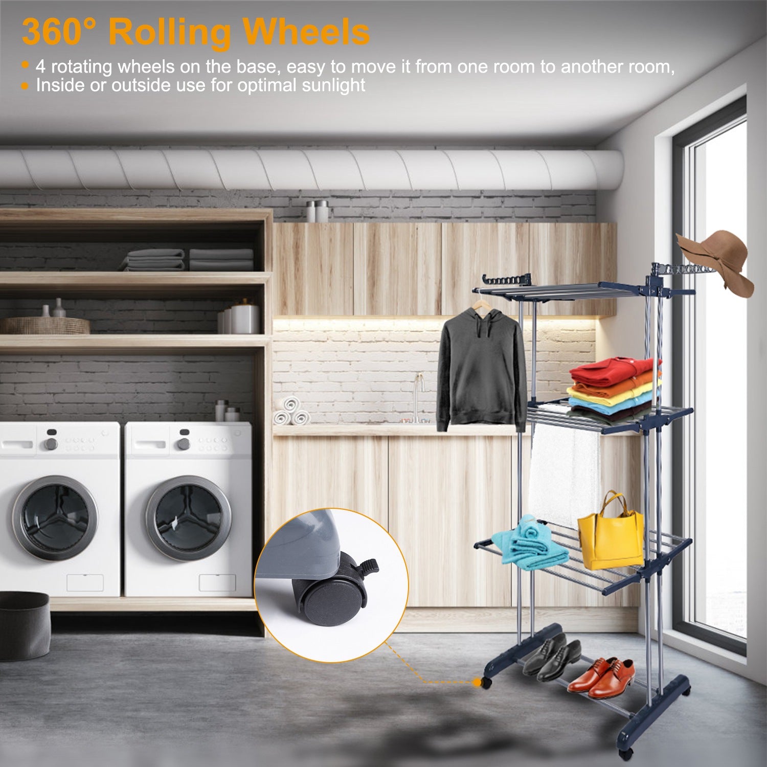 1Pc Clothes Drying Rack Rolling Collapsible Laundry Dryer Hanger Stand Rail Shelve Wardrobe Clothing Drying Racks With Dual Side Wings
