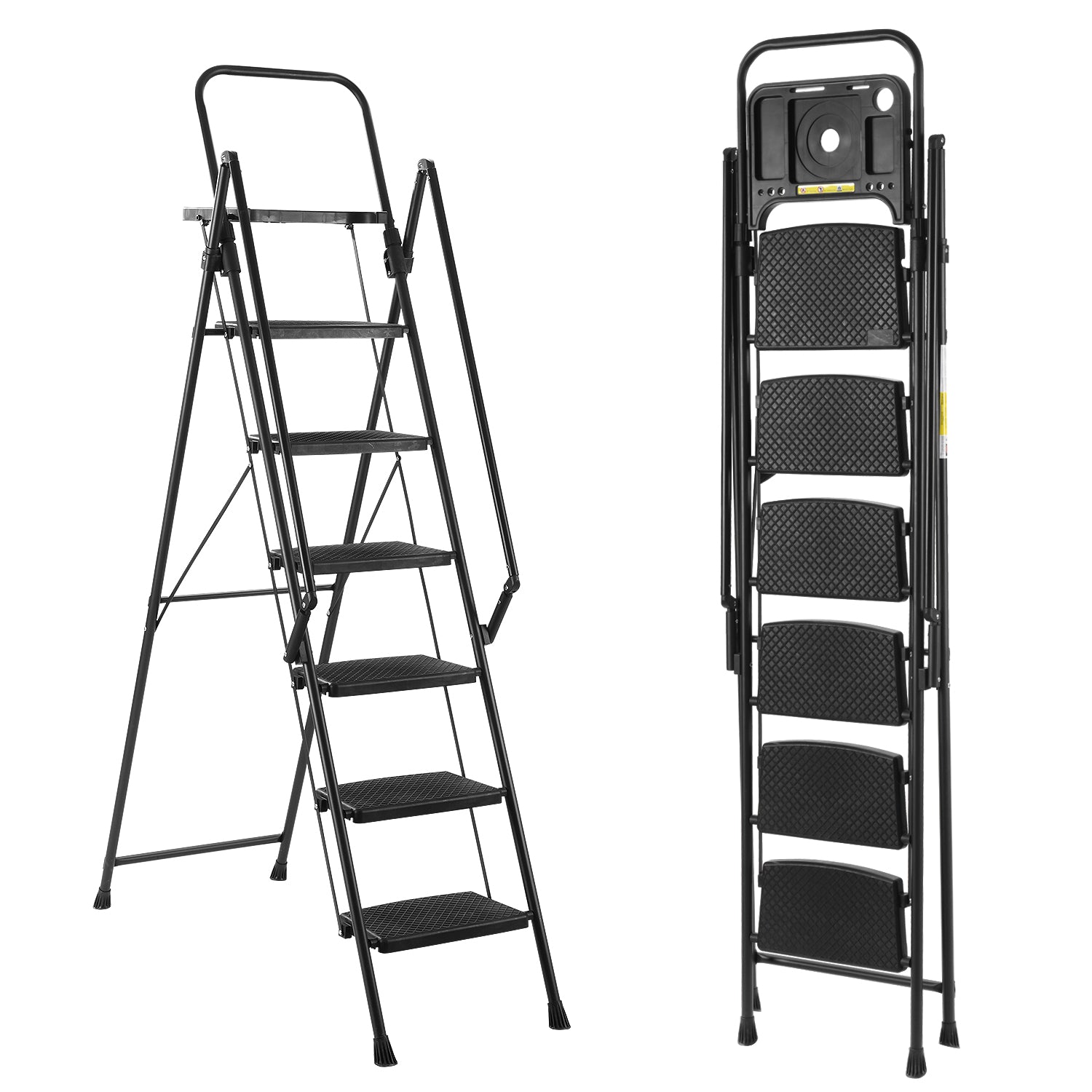 Folding Step Stool With Bandwidth Anti Slip Pedals And Tool Trays, Lightweight And Portable Steel Step Stool, Perfect For Kitchen And Home, Indoor And Outdoor Use, Sturdy Steel Steps 6 Levels