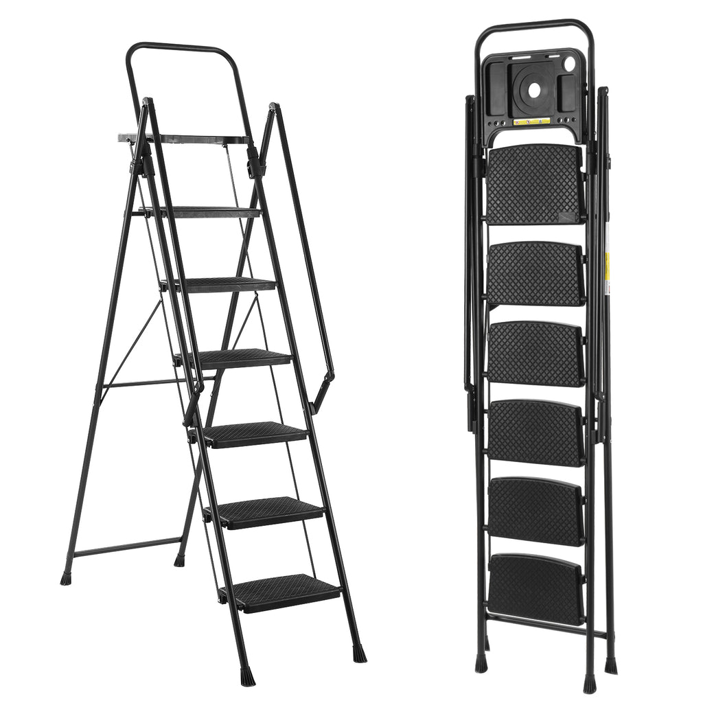 Folding Step Stool With Bandwidth Anti Slip Pedals And Tool Trays, Lightweight And Portable Steel Step Stool, Perfect For Kitchen And Home, Indoor And Outdoor Use, Sturdy Steel Steps 6 Levels