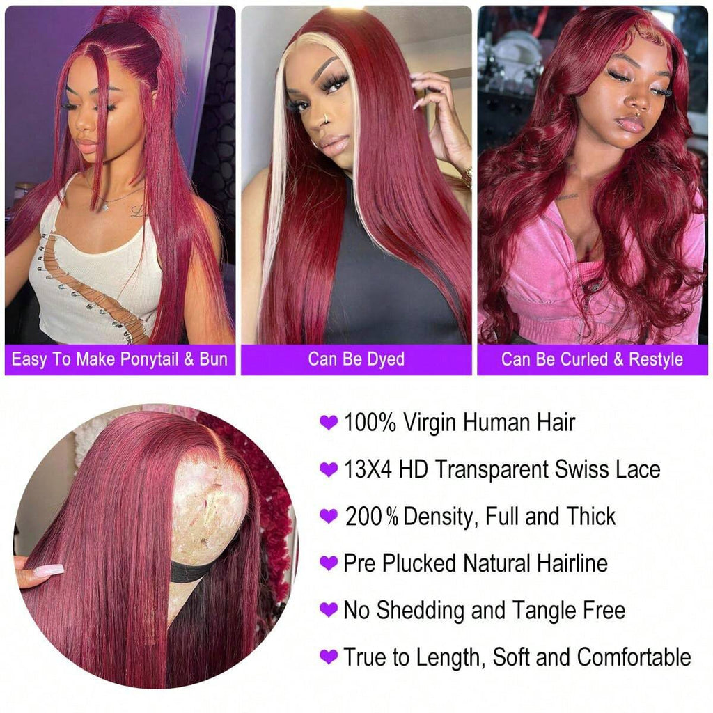99j Burgundy Lace Front Wigs Human Hair Straight Wigs For Women