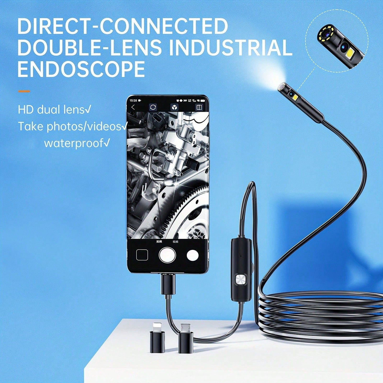 Lighted Endoscope Dual Camera, 1920P HD Endoscope Tool With 8 Adjustable LED Lights, Endoscope With Semi-Rigid Snake Camera, Waterproof 8mm Wide-Angle Inspection Camera,