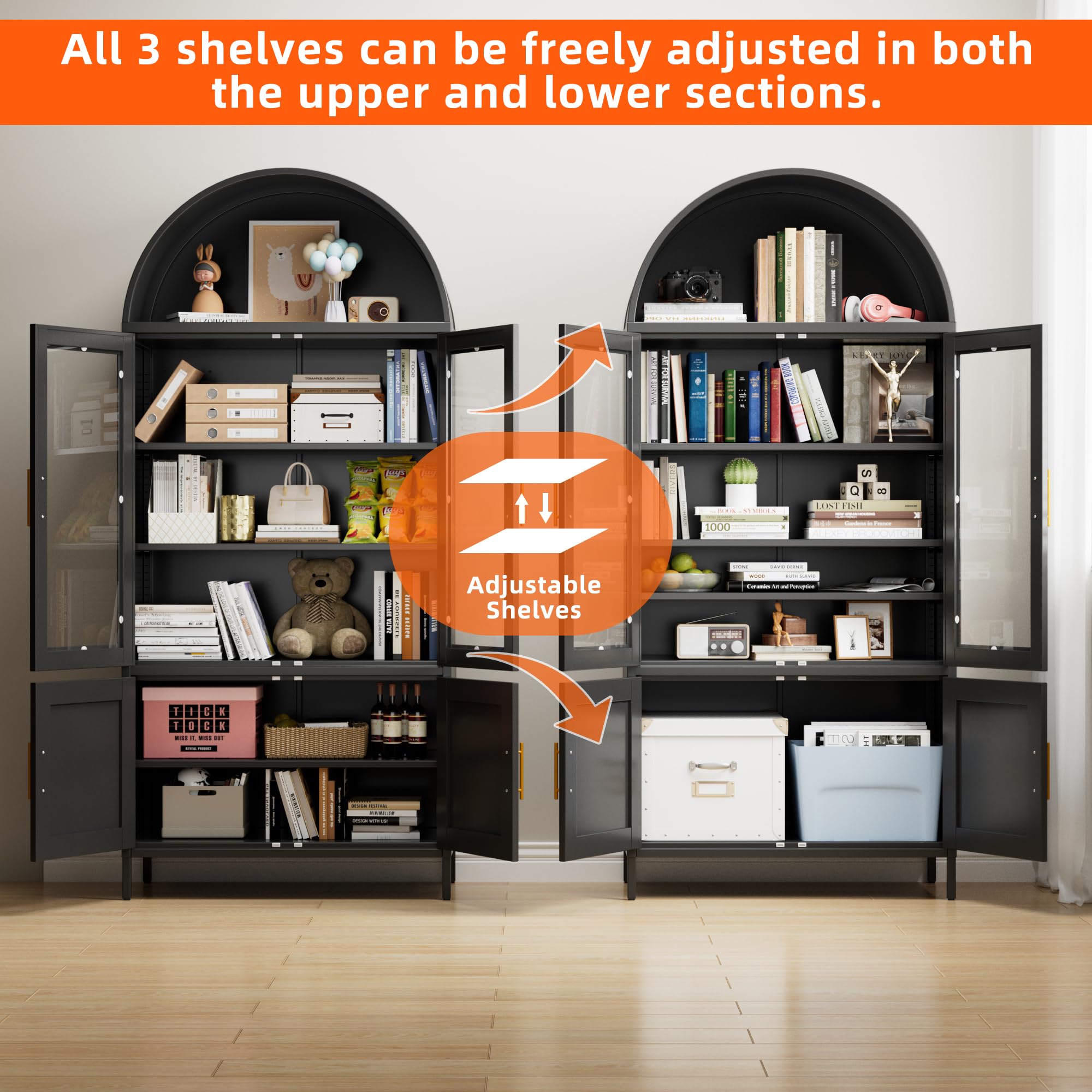 78.7inch H Metal Arched Cabinet,Kitchen Pantry Cabinet With Doors And Shelves, Arched Bookcase For Home Office Bar Living Room, Assemble Require,Black
