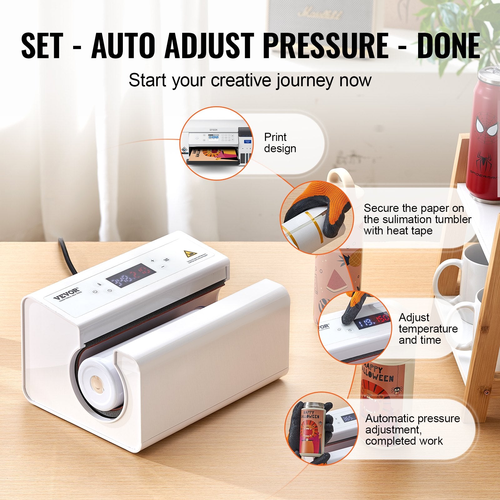Auto Tumbler Heat Press Machine, Mug Heat Press For 11-30oz Sublimation Tumblers, Heat Up Fast And Even, Tumbler Press With Tape And Glove, Temp And Time Setting, For Tumblers, Cups, Mugs, White