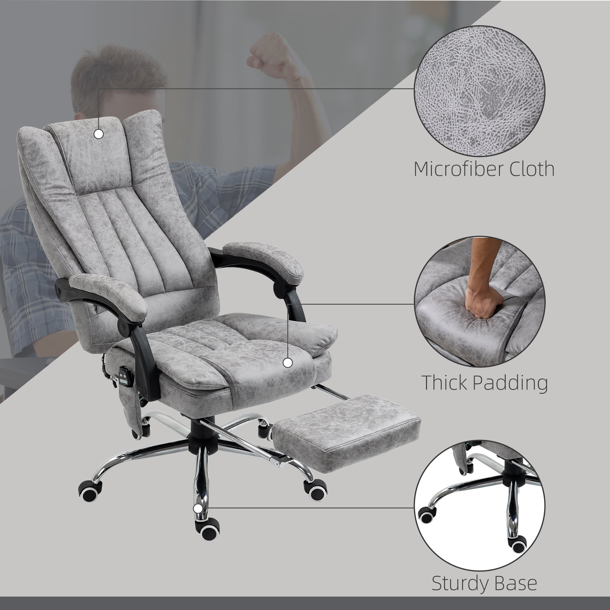 Massage Office Chair with 6 Points and Heat, Reclining Computer Chair with Adjustable Height and Footrest, Gray
