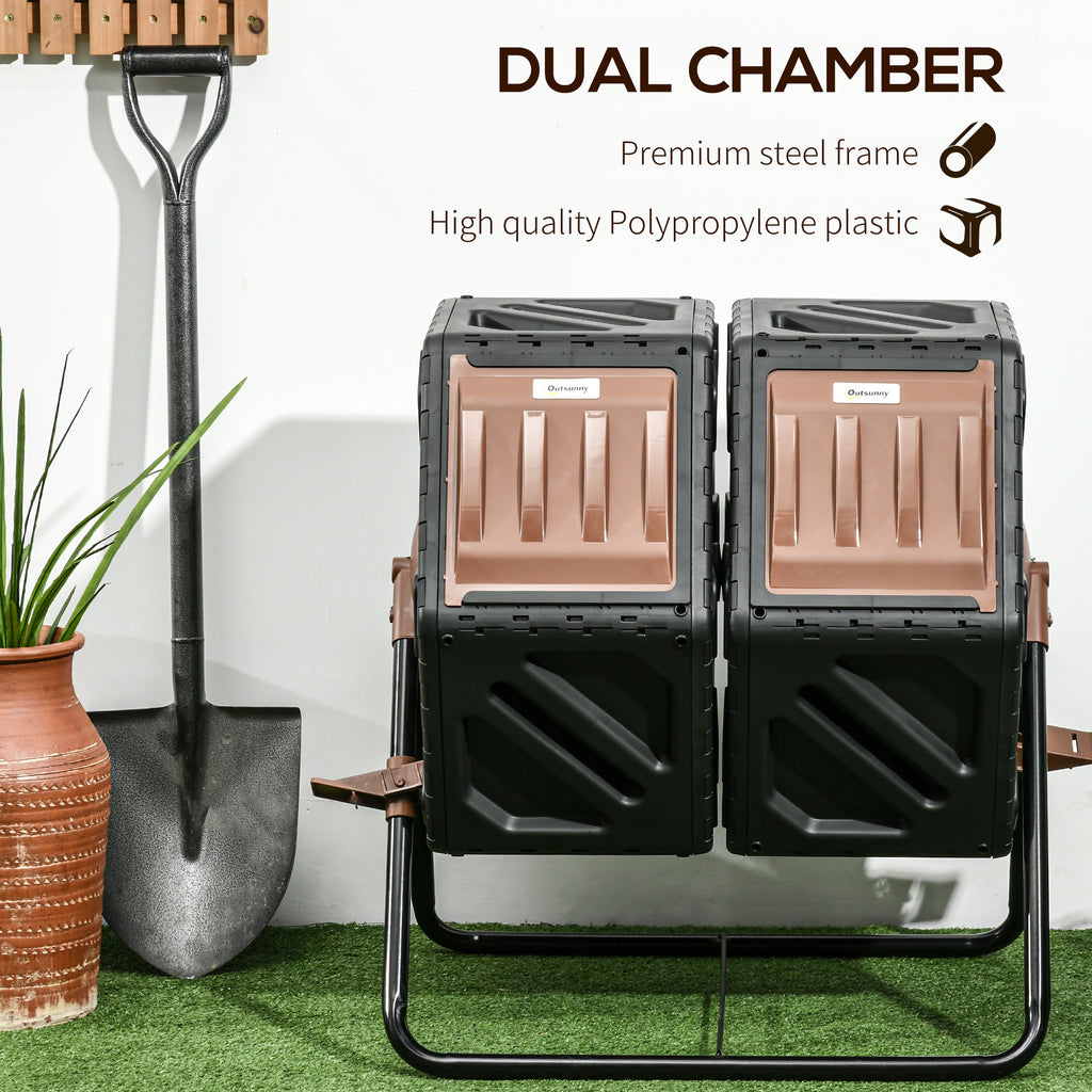 Dual Chamber Compost Tumbler Bin, Outdoor Tumbling Composter with 24 Ventilation Openings and Steel Legs, 34.5 Gallon