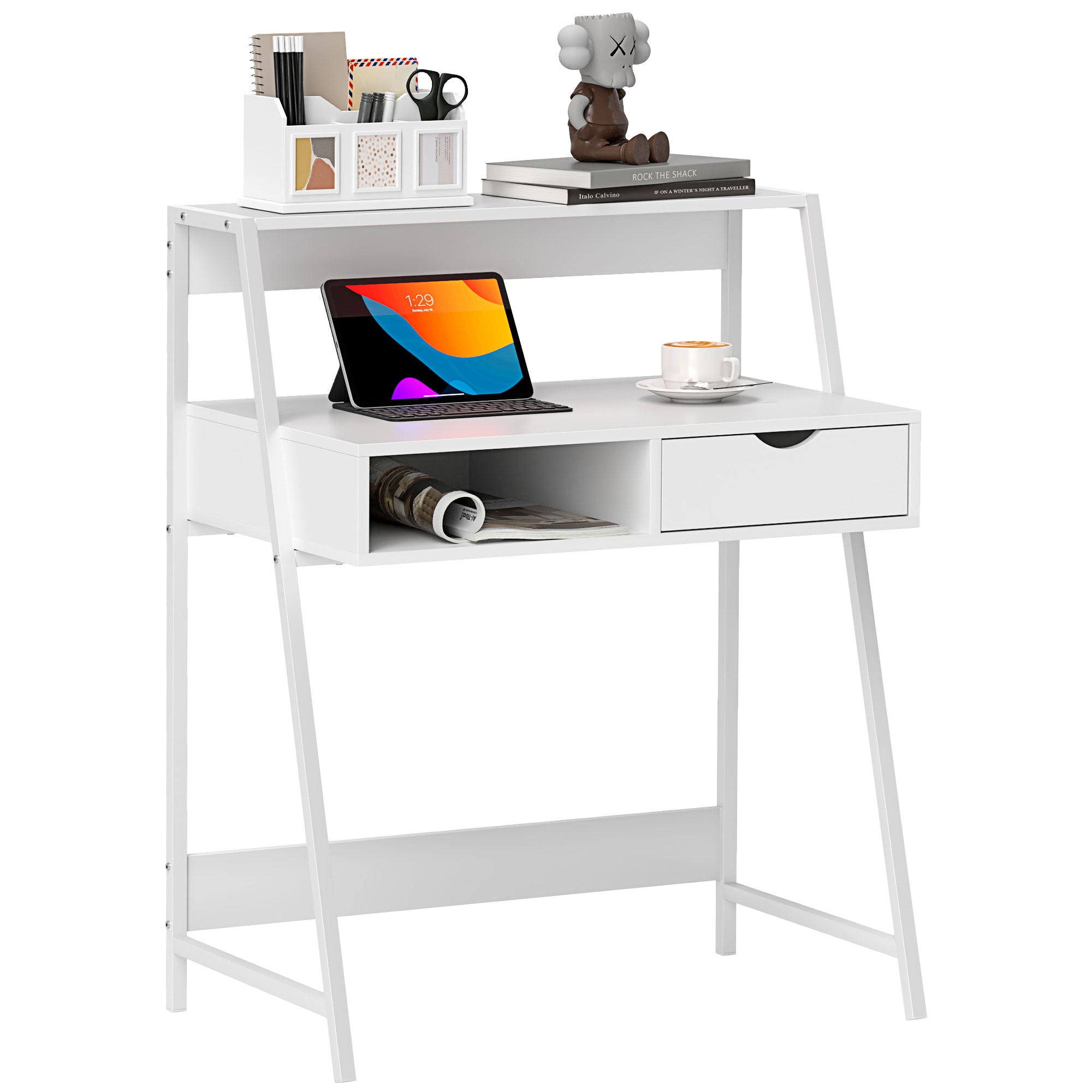 Home Office Desk, Computer Desk For Small Spaces, Study Table With Drawer And Storage Shelves, White