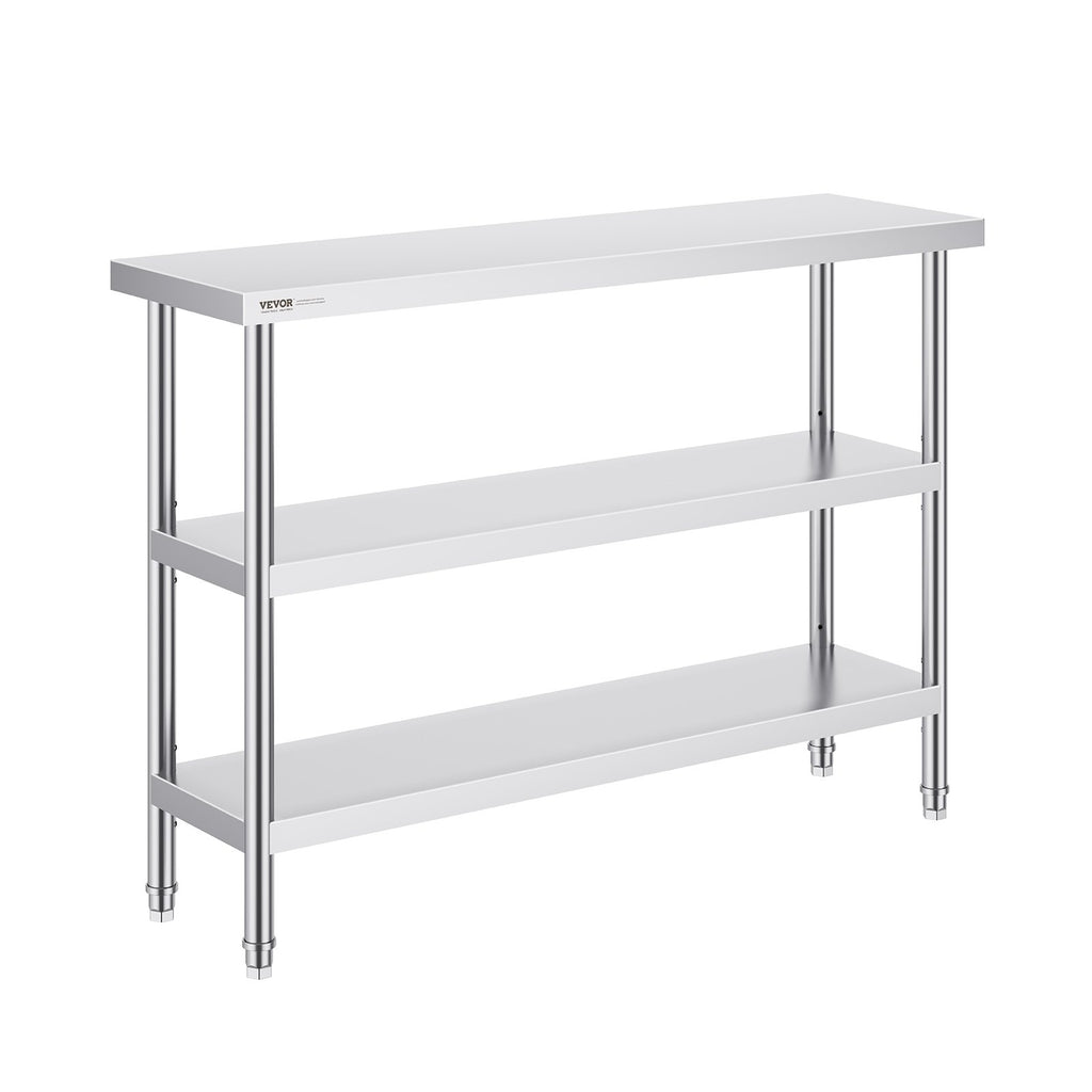 VEVOR Stainless Steel Food Prep Table, 14 X 48 X 34 Inch Commercial Kitchen Worktable, With 2 Adjustable Undershelf, Heavy Duty Prep Table Metal Work Table For BBQ, Kitchen, Home, And Garage
