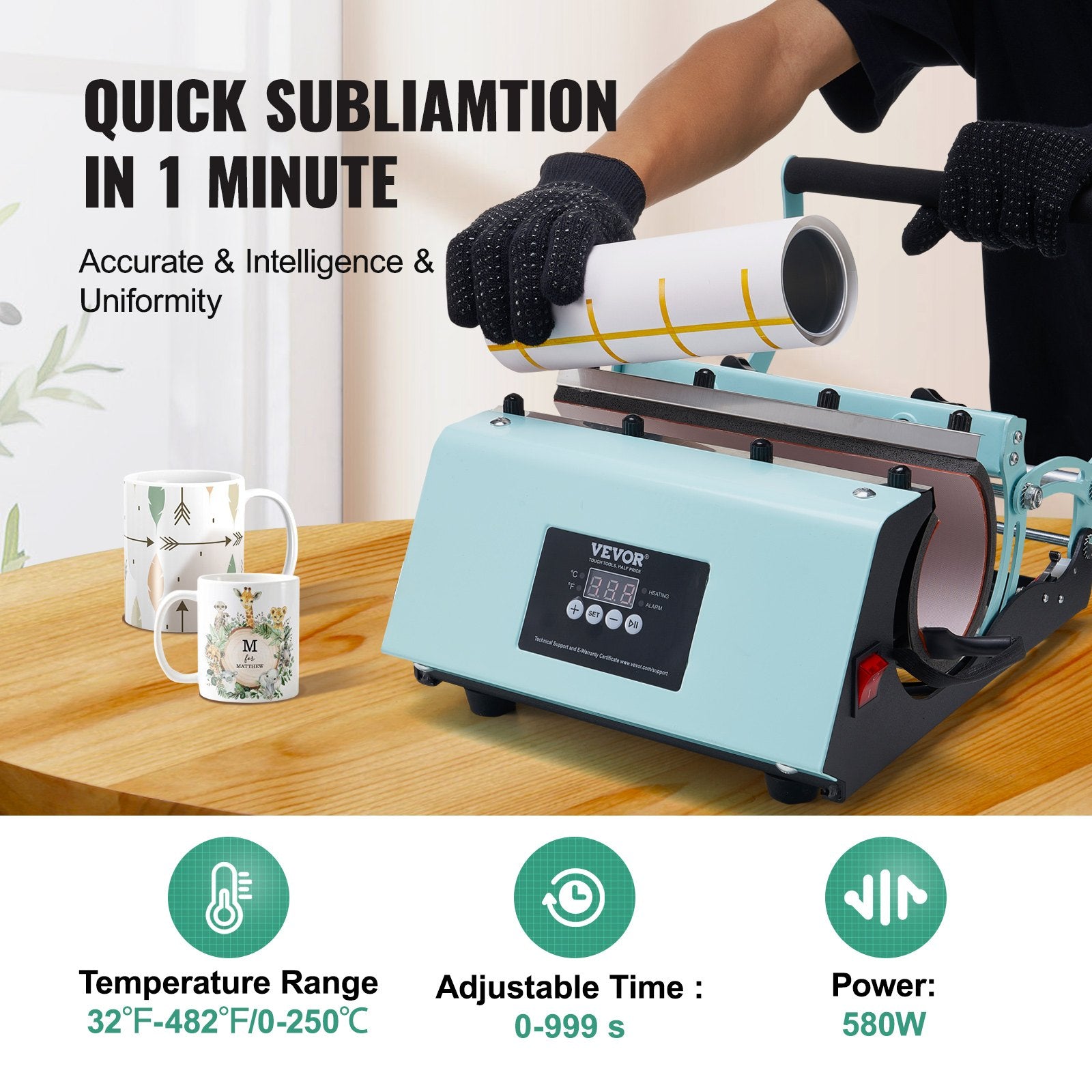 Tumbler Heat Press Machine, 11-30oz Mug Press, Heat Up Fast And Even, Tumbler Press With Sublimation Paper, Tape And Gloves, Temp And Time Setting, For Sublimation Tumblers, Cups, Mugs, Green