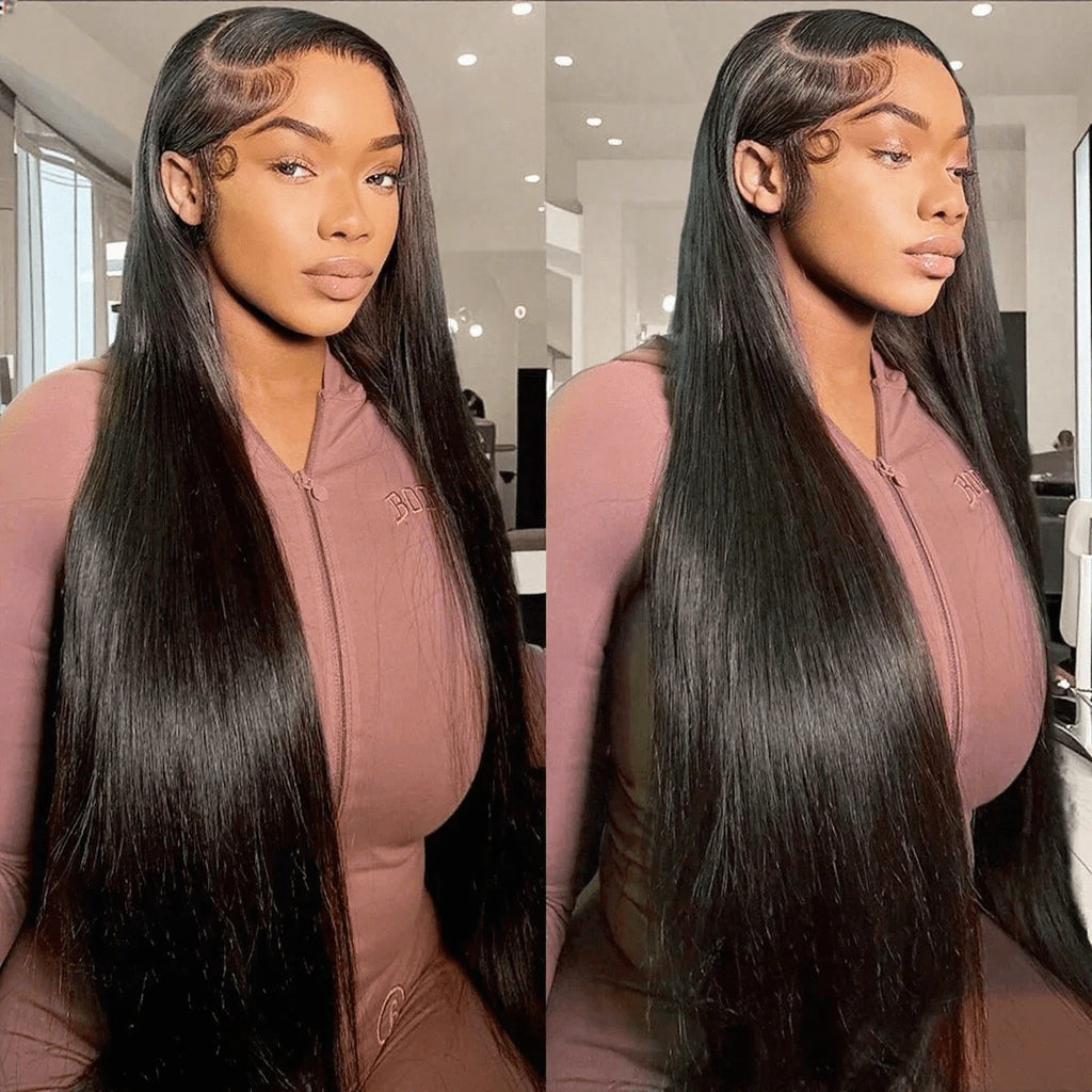 Human Hair Lace Front Wig Synthetic Headband Wig 1B Black Natural Long Straight Wigs