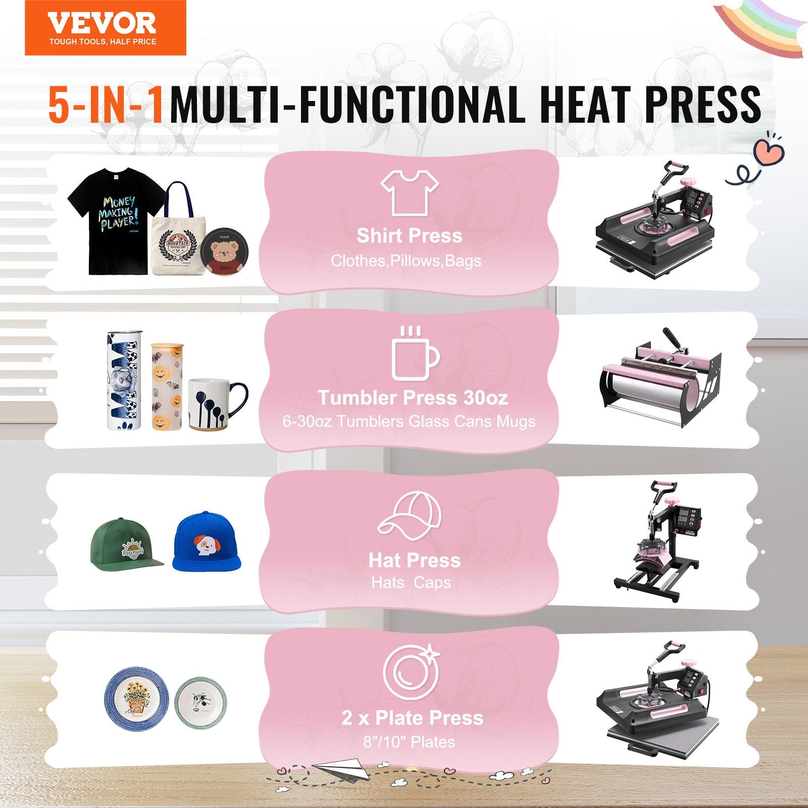 Heat Press Machine, 15 X 15 Inch, 8 In 1 Heat Transfer Machine With 30 Oz Tumbler Press, 360° Swing Away Digital T-Shirt Pressing Machine, Teflon Coating, For T-Shirts/Mugs/Hats/Plates, Black